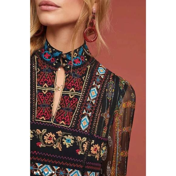 Anthropologie Akemi + Kin Sheria Metallic Embroidered Boho Dress Black Motif - Picture 7 of 10